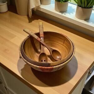 Wooden Salad Bowl in Woven Basket Matching Utensils Boho Rustic Kitchen Deco